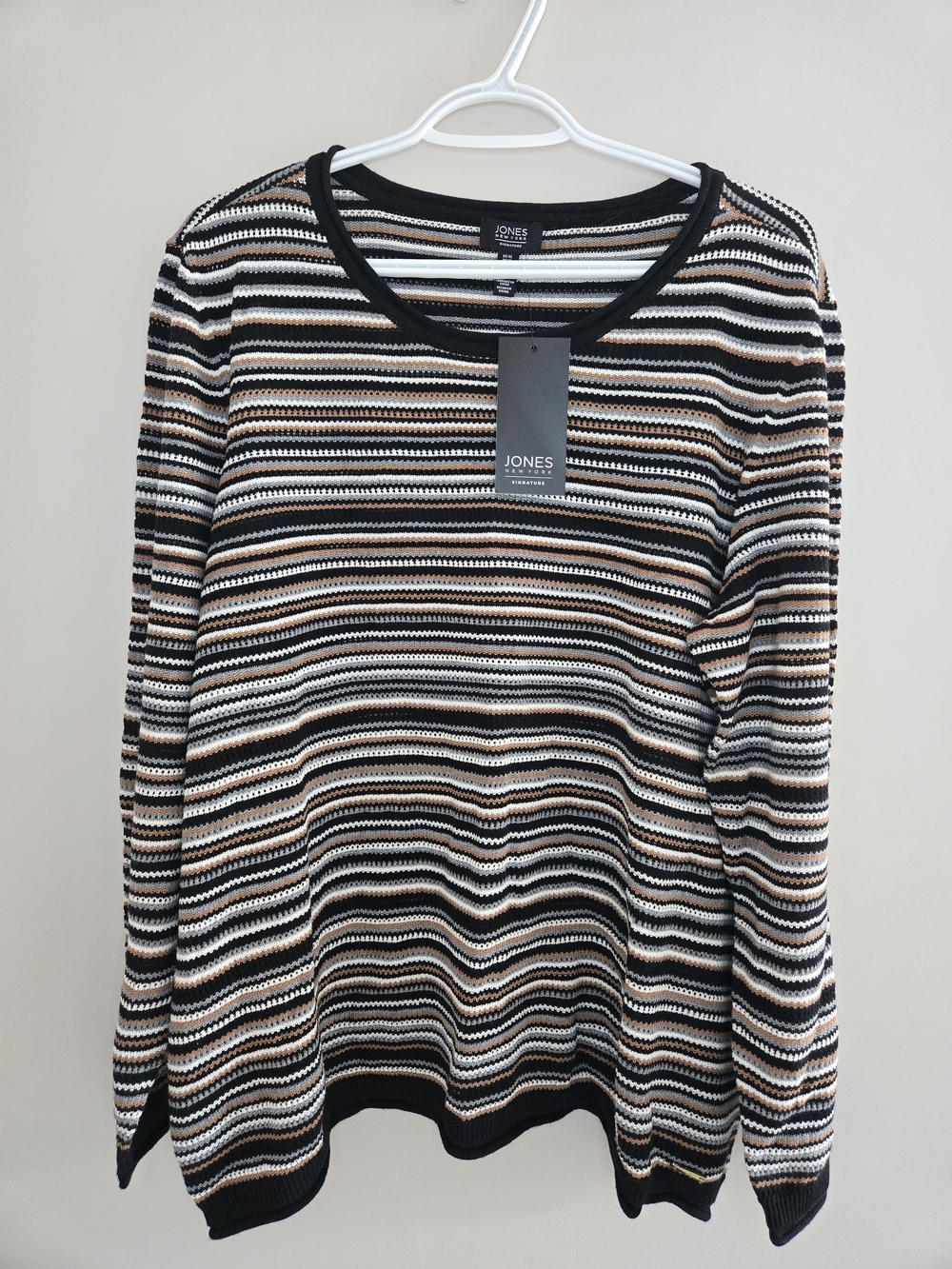 Jones New York Striped Long Sleeve Knit Crew Neck Sweater in Black, White, Tan